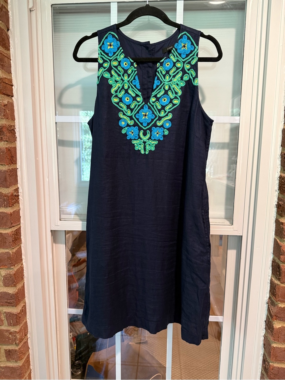 J. Crew Navy Linen Dress with Blue & Green Floral Embroidery